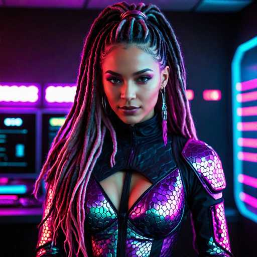 The image depicts a highly detailed, computer-generated rendering of a young woman, likely in her 20s, with a striking appearance. She has long, intricately braided hair that transitions from black at the roots to pink at the tips. Her hair is styled in a high ponytail with two braids framing her face, and the rest cascading down her shoulders. She has dark skin, accentuated by heavy makeup, including purple eyeshadow and matching lipstick. Her eyes are a captivating blue, and she wears large hoop earrings and long, dangling earrings with pink tassels.

Her attire is a form-fitting, black leather bodysuit adorned with purple and pink scales, particularly noticeable on the chest and shoulders. The bodysuit features a zipper running down the center, revealing a hint of cleavage. The background is a futuristic, dark room illuminated by neon lights in shades of pink, purple, and blue, with various screens displaying data. The overall ambiance suggests a high-tech, possibly sci-fi setting, reminiscent of a spaceship or advanced control room.