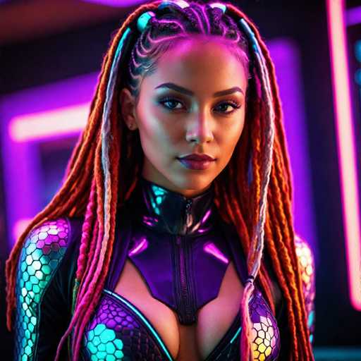 The image shows a woman with long dreadlocks and a futuristic outfit that includes a metallic jumpsuit with a zipper running down the center of her chest. The background is dark purple neon lights, creating an otherworldly atmosphere.
