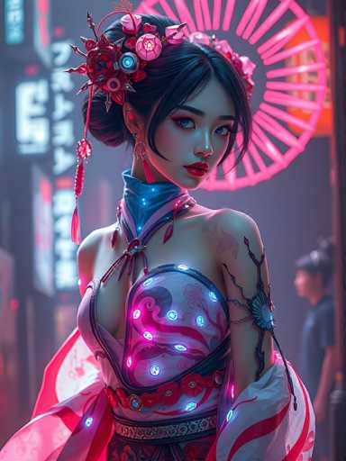 This image features a highly detailed, computer-generated depiction of a young Asian woman, possibly in her late teens or early twenties. She has striking blue eyes and black hair styled in a bun adorned with pink flowers and red tassels. Her makeup is bold, with bright red lipstick and dramatic eye makeup. She is dressed in a futuristic geisha-inspired outfit that combines elements of traditional Japanese attire with modern, high-tech aesthetics. The dress is low-cut, revealing her shoulders and chest, and is decorated with illuminated pink and blue lights, as well as intricate patterns of red roses and vines. A blue collar with a pink stripe encircles her neck, and a red ribbon with tassels hangs from her chest. She also has a tattoo on her left shoulder. The background is a blurred cityscape with neon signs and Japanese characters, adding to the cyberpunk atmosphere. The overall scene is vibrant and dynamic, with a mix of traditional and futuristic elements.