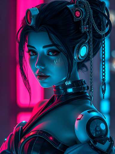 This image is a detailed, computer-generated illustration of a female character, likely from a video game. The character is depicted in a portrait view, facing the viewer with her head slightly turned to the left. She has long, dark hair that is pulled back into a ponytail, with some strands framing her face. Her hair is adorned with various metallic accessories, including a chain that dangles from her ear and a metallic piece that sits atop her head. Her eyes are a striking red, and she has a small, delicate nose and full lips. 

Her attire is a futuristic, form-fitting outfit that appears to be made of a combination of metal and fabric. The outfit is predominantly black and features intricate details, including a metallic collar around her neck and a chest plate that extends over her shoulders. On her right shoulder, there is a prominent, round metallic piece that resembles a shoulder pad, which includes a small screen displaying the number "57." The overall aesthetic of her outfit is sleek and advanced, suggesting a high-tech, possibly cybernetic nature.