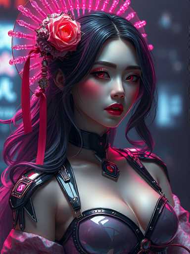 The image depicts a highly detailed, computer-generated or AI-generated artwork of a young Asian woman, possibly Japanese, with long, wavy black hair. She is adorned with a pink rose and a pink ribbon in her hair, and a pink crown-like accessory. Her striking red eyes and red lipstick add to her dramatic appearance. She is dressed in a revealing purple corset with black leather straps, and a black choker necklace featuring a red gem. The background is blurred with hints of blue and pink lights, enhancing the focus on her. The overall style suggests a blend of traditional and futuristic elements, possibly indicating she is a character from a video game or an anime.