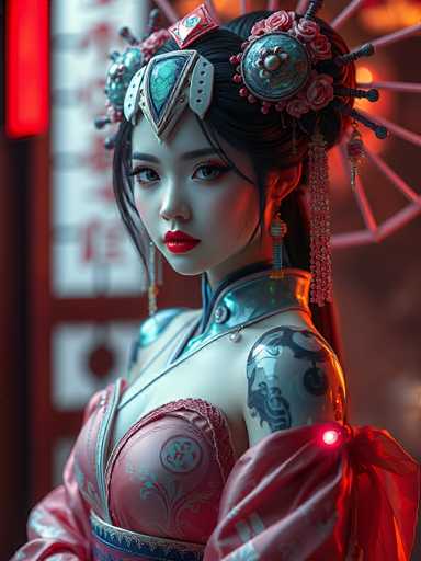 The image depicts a highly detailed, computer-generated or AI-generated young Asian woman, possibly Japanese or Chinese, with a distinctly anime-inspired appearance. She has long, black hair styled in an elaborate updo adorned with pink roses and a striking headpiece that resembles a crown, featuring a large turquoise jewel at the front and a pink jewel at the top. Her face is characterized by large, expressive eyes, long eyelashes, and bright red lipstick. She wears long, dangling earrings that add to her ornate look.

Her attire is a fusion of traditional and futuristic elements. She dons a pink kimono with intricate blue and gold floral patterns, which is low-cut, revealing her shoulders and upper chest. The kimono is accentuated with a blue and gold sash around her waist. Her shoulders are decorated with tattoos, including a prominent black dragon on her left shoulder. The background is blurred, with hints of red and white, possibly indicating a building or a sign, which enhances the focus on her detailed and vibrant appearance.