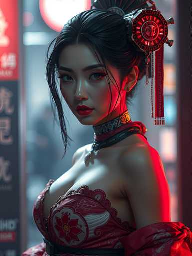 The image depicts a young Asian woman, likely in her late teens or early twenties, with long black hair styled in a bun. She is adorned with a striking red and black choker that features a pendant, and her makeup includes bold red lipstick. Her attire is a revealing red dress with intricate floral patterns, including a prominent white circle with a red flower on her chest. The dress is low-cut, showcasing her cleavage, and has sleeves that extend just below her elbows. She also wears a black belt around her waist. Her expression is serious, and she gazes directly at the camera. The background is blurry, with indistinct signs and a red light, suggesting an urban setting. The overall scene is bathed in a red hue, adding to the dramatic and somewhat mysterious atmosphere.