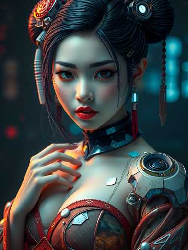 The image depicts a woman with striking red lipstick and intricate black hair styled into an elaborate updo adorned with multiple bangs. She is wearing a red dress that features a unique design on the bodice. The background of the image is dark and blurred, creating a sense of mystery and intrigue around her figure.