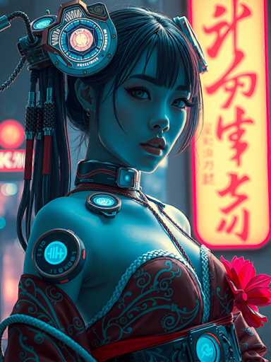 The image depicts a highly detailed, computer-generated or AI-generated female character with distinctly Asian features. She has long, dark hair styled with bangs and a ponytail, adorned with a mechanical device on the left side of her head that resembles a camera or a clock, featuring a red center and blue outlines. Her skin has a bluish tint, and she wears a red kimono with intricate blue designs and a red sash around her waist. A mechanical collar with a glowing blue square is positioned at her neck, and additional glowing blue circular devices are attached to her right shoulder and chest. She has blue eyes, red lips, and a red flower on her left shoulder. The background is blurred, with a yellow sign featuring red Asian characters on the right side and a red circle with white text on the left. The overall scene suggests a futuristic or cyberpunk setting, blending traditional elements with advanced technology.