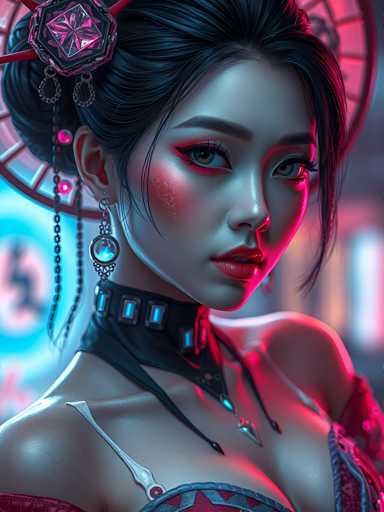 The image depicts a woman with striking features and an ethereal appearance. She is wearing a traditional Chinese dress that is predominantly red and gold in color. The dress has intricate designs on the bodice and skirt, adding to her regal look. A large headpiece adorns her hair, further enhancing her majestic presence. The background of the image is dark and blurred, drawing focus to the woman's face and upper body.