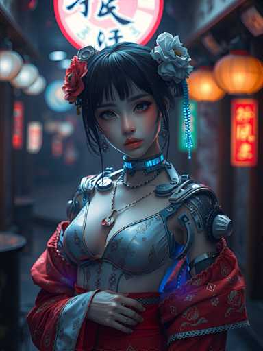 The image depicts a highly detailed, computer-generated or AI-generated female character with distinct Asian features. She has short, straight black hair adorned with two flowers—one red and one blue—and a beaded ornament hanging from the right side of her head. Her eyes are large and expressive, and she wears a blue choker with glowing blue accents, along with a necklace featuring a red gem. Her attire includes a gray bra-like top with floral designs, complemented by a red and gray robe. She also has a mechanical right arm, adding a futuristic element to her appearance. The background is blurred but suggests an Asian setting, possibly a restaurant or bar, with visible lanterns and signs featuring Asian characters. The overall scene is vibrant and colorful, with hues of red, blue, gray, and orange, enhancing the character's striking presence.