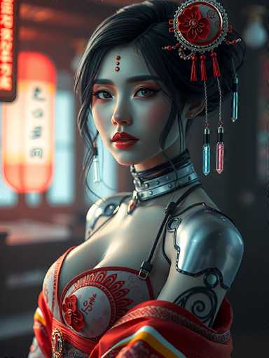 The image depicts a highly detailed, computer-generated or AI-generated artwork of a young Asian woman, possibly Japanese or Chinese, with a blend of traditional and futuristic elements. She has long black hair styled in a bun adorned with a red and white circular ornament featuring a red flower and tassels. Her face is accentuated with red lipstick, eye shadow, and three red dots on her forehead. She wears a striking outfit that combines traditional and modern aesthetics: a red kimono with intricate designs, including a white circle with a red flower and the number 150, and a black corset-like top. Her shoulders are covered in silver armor, and she has a black choker with a red gem. The background is blurred, featuring a red and yellow sign with Asian characters, possibly indicating a restaurant or bar setting. The overall color palette includes shades of red, white, black, blue, pink, and gray, enhancing the vivid and surreal quality of the image.