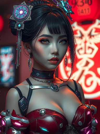 The image depicts a highly detailed, computer-generated rendering of a young Asian woman, possibly in her late teens or early twenties. She has long black hair styled with bangs and a bun, adorned with a futuristic, metallic hair clip featuring a circular design with a pink center and blue accents. Her eyes are a striking orange, and she wears red lipstick. She is dressed in a revealing, red leather outfit with black straps, a choker collar, and a necklace with a circular pendant. The outfit includes a chest plate with silver buttons and a chain. Her arms are covered in metallic, robotic-looking armor, and she has a mechanical cat-like device on her right arm. The background is blurred, with a red hue and white designs, possibly indicating a futuristic or cyberpunk setting.