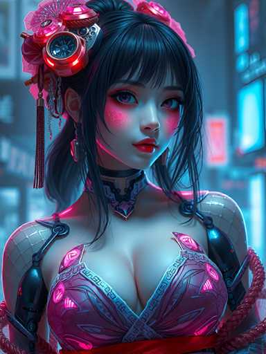 The image depicts a highly detailed, computer-generated anime-style female character set against a futuristic, cyberpunk backdrop. She has long, dark black hair adorned with a pink and silver headpiece, which features a prominent blue circle at its center. Her face is strikingly pale, with a white complexion and pink accents on her cheeks, lips, and eyes, which are a vivid pinkish-purple hue. She wears a revealing, metallic pink top that exposes her shoulders and chest, complemented by a choker necklace with a diamond-shaped pendant. Her arms are covered in metallic, scale-like armor, and she has a red rope wrapped around her waist. The background is blurred but filled with neon signs and billboards, enhancing the cyberpunk atmosphere.