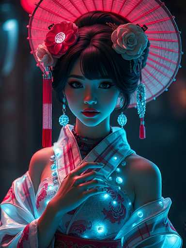 This image features a highly detailed, computer-generated depiction of a young Asian woman, possibly Japanese or Chinese, dressed in traditional attire with a futuristic twist. She has long, dark hair styled in an elaborate updo with bangs, adorned with two large flowers—one red and one white. Her face is made up with red lipstick and eye shadow, giving her a striking appearance. She wears a traditional kimono, predominantly white with red stripes, and a red sash around her waist. The kimono is intricately designed with glowing blue lights that outline the collar, shoulders, and chest, creating a luminous effect. She accessorizes with dangling blue earrings and a necklace that appears to be made of beads. A large, ornate red fan with tassels and beads is positioned behind her head, adding to the traditional aesthetic. The background is dark and blurred, emphasizing her illuminated figure and the intricate details of her attire.