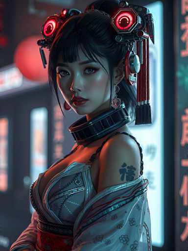 The image features a striking, computer-generated depiction of a young Asian woman, possibly in her late teens or early twenties. She has long black hair styled with bangs and is adorned with a mechanical headpiece that includes red lights and tassels. Her attire is a blend of traditional and futuristic elements, including a white kimono-like dress with a red sash and intricate silver patterns. A notable feature is the black collar around her neck, which appears to be part of the headpiece. She has a tattoo on her left shoulder and is wearing long, dangling earrings. The background is blurred, with hints of a building and neon lights, adding to the overall cyberpunk aesthetic. The woman is posed with her body facing left, but her head is turned towards the viewer, creating a captivating and enigmatic presence.