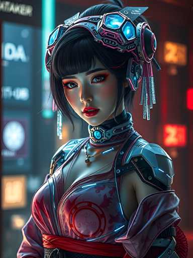 This image features a highly detailed, computer-generated depiction of a young Asian woman, likely in her late teens or early twenties. She has striking black hair styled with bangs and is adorned with a futuristic helmet that combines elements of pink, silver, and blue. The helmet includes a visor that covers her eyes, adding to her enigmatic appearance. Her makeup is bold, with red lipstick and dramatic eye shadow, enhancing her captivating gaze.

Her attire is equally elaborate, blending traditional and futuristic elements. She wears a red and white kimono-like garment, which is complemented by a red sash around her waist. Around her neck, she sports a high-tech collar with a glowing blue light, and a necklace with a small ball pendant. Her shoulders are protected by metallic armor, and she has a red band around her arm, adding to her warrior-like aesthetic.

The background is blurred, filled with indistinct lights and signs, suggesting a bustling, possibly futuristic cityscape. The overall image is vibrant and colorful, with a palette that includes shades of pink, blue, red, black, white, and gray. The woman is positioned centrally, looking directly at the viewer, making her the focal point of this visually stunning and intricate digital artwork.