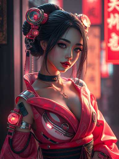 The image depicts a highly detailed, computer-generated or AI-generated female character, possibly from a video game or an animated series. She has long, dark hair styled in a bun with two side buns, adorned with red and silver jewelry. Her makeup is striking, featuring red lipstick and heavy eye makeup. She wears a black choker with a gold ring and a low-cut red kimono-like outfit, which has a futuristic twist. The outfit includes a black and red corset with a glowing red light on the left side, displaying the year "2017." Her right shoulder is bare, while her left shoulder is covered by a red and silver armor piece. She also has a red and silver bracelet on her right wrist. The background is blurred, with a red sign featuring white Asian characters on the right side, suggesting an urban setting. The overall aesthetic blends traditional Japanese elements with futuristic and possibly cyberpunk accents.