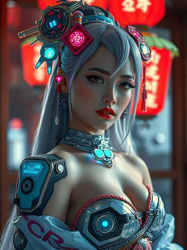 This image depicts a highly detailed, computer-generated, futuristic scene featuring a young woman with a blend of human and robotic elements. The central figure is a white female with striking, orange eyes and long black eyelashes. She has a pale complexion and is adorned with a metallic choker that features a prominent blue jewel at its center. Her attire includes a white shirt with red lettering, partially obscured by a blue jacket that also bears red text. Over her chest, she wears a metallic bra-like garment, which is blue and adorned with a glowing blue light at its center. The garment is secured with a black strap that fastens with a silver clasp. Her right shoulder is covered by a metallic piece, which displays a glowing blue screen with the text "020" and a small black circle beneath it. 

Her hair is long and black, with a blue hue at the ends, and she has a blue streak running down the center of her forehead. She also sports a heart-shaped earring with a pink center. The background is blurred, but it features red Chinese lanterns and a white wall with a brown border. The overall aesthetic suggests a fusion of cyberpunk and futuristic elements, emphasizing the woman's robotic enhancements and her unique, eye-catching design.