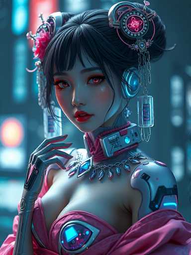 The image depicts a highly detailed, computer-generated female character with a distinctly futuristic appearance. She has short black hair styled in a bun, adorned with a pink flower and a silver bar. Her eyes are a striking pink, and she wears red lipstick. Around her neck is a pink collar with a silver box, from which a chain extends, connecting to a series of teardrop-shaped ornaments. Her chest is exposed, revealing a pink dress with silver accents and a blue diamond-shaped emblem. She has a silver glove on her right hand, which is raised near her face, and her left shoulder is covered by a silver plate. The background is blurred, featuring a mix of blue, red, and white hues, with a prominent red circle in the upper left corner. The overall aesthetic suggests she could be a character from a sci-fi movie or video game.