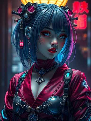 The image depicts a highly detailed, computer-generated, or AI-generated artwork of a young woman, likely in her late teens or early twenties. She has striking blue eyes and long, dark hair with subtle pink highlights. Her makeup is bold, featuring red lipstick and blue eyeshadow. She is dressed in a vibrant red outfit that appears to be made of silk, adorned with intricate gold and blue designs. A notable accessory is a black leather choker with a blue jewel, from which a chain dangles, connecting to a square pendant with a blue center. She also wears a black leather strap over her shoulder, which is attached to a circular device with a blue screen. The background is blurred, with hints of red neon lights and possibly a door, suggesting an urban setting. The overall composition and style of the image are reminiscent of a scene from a video game or a futuristic movie.