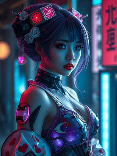 This image features a highly detailed, computer-generated depiction of a young Asian woman, possibly in her late teens or early twenties. She has striking blue eyes and vibrant red lipstick, with her hair styled in a unique blend of purple and blue hues. Her hair is adorned with intricate accessories, including a headband with red gemstones and a pink flower, as well as a black headpiece with a dangling purple light.

Her attire is equally elaborate, consisting of a purple and blue corset-like top with silver straps and a distinctive moon and heart design. The outfit is complemented by a black choker with a silver border and a pink light, and her shoulders are protected by armor-like shoulder pads. Her left arm features a prominent purple and red card-shaped tattoo, adding to her futuristic appearance.

The background suggests an urban setting, possibly in Japan, with blurred elements including a red sign with black Japanese characters and a blue neon light. The overall scene evokes a cyberpunk aesthetic, blending traditional and futuristic elements seamlessly.