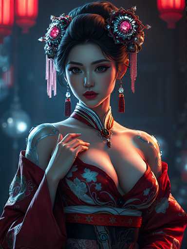 This image depicts a highly detailed, computer-generated or AI-generated artwork of a young Asian woman, possibly Japanese or Chinese, dressed in elaborate traditional attire. She has long, dark hair styled in a bun, adorned with two ornate hair clips featuring large pink jewels and tassels. Her face is made up with striking red lipstick, and she wears long, dangling earrings with blue beads and red tassels. She is dressed in a low-cut, red kimono with white floral patterns, which reveals her shoulders and upper chest. The kimono is cinched at the waist with a red and white sash. Her right hand is raised to her chest, and she has a serious expression on her face. The background is dark, with red lanterns hanging from the ceiling, adding to the traditional ambiance of the scene.
