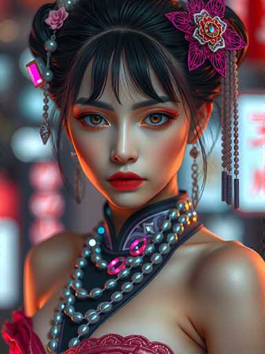 This image portrays a highly detailed, computer-generated rendering of an Asian woman, likely in her early 20s. She has striking black hair styled in a bun with a few loose strands framing her face, and she sports bangs. Her hair is adorned with a pink flower on the right side and a pink rectangular bar on the left side. She has captivating brown eyes, accentuated with red eyeliner, and wears bold red lipstick. Her attire includes a red dress with a high collar, which is decorated with three layers of beads: the top layer is pink, the middle layer is silver, and the bottom layer is gray. The background is blurred, featuring a mix of red, white, and blue hues, with some indistinct signs and lights, adding to the overall ambiance of the image.
