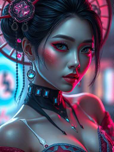 This image is a highly detailed, computer-generated illustration of a young Asian woman, possibly in her late teens or early twenties. She has striking black hair styled in a bun adorned with a pink and black jewel, and a few strands frame her face. Her makeup is bold, featuring bright red lipstick, pink blush, and dramatic black eyeliner that accentuates her large, expressive eyes. She wears a choker with blue jewels and a low-cut top that reveals her shoulders and chest, with the fabric of her dress being red and blue. The background is blurred, with hints of pink and blue lights, adding to the overall vibrant and stylized aesthetic of the image.