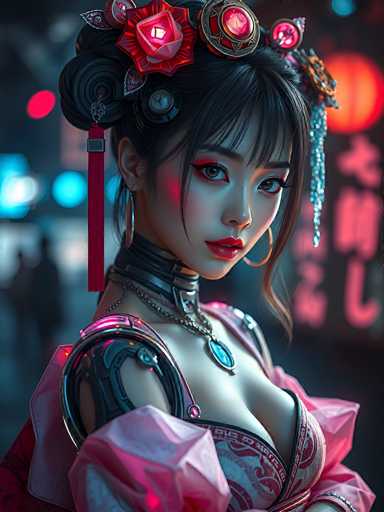 This image is a detailed, computer-generated depiction of a young woman, likely in her 20s, with a striking and futuristic appearance. She has pale skin and dark hair styled in an elaborate updo, adorned with a prominent red rose. Her makeup is bold, featuring bright red lipstick and dramatic eye shadow, with a noticeable pink hue on her cheek. She is dressed in a revealing, form-fitting outfit that combines elements of traditional and futuristic design. The outfit includes a pinkish-red, metallic armor-like structure that covers her shoulders and chest, complemented by a pink skirt. She also wears a black choker with a silver chain, from which a blue pendant hangs. Her accessories include large hoop earrings and a pinkish-red tassel hanging from her hair. The background is blurred, filled with indistinct lights and possibly some Asian writing, adding to the overall mysterious and futuristic ambiance of the image.