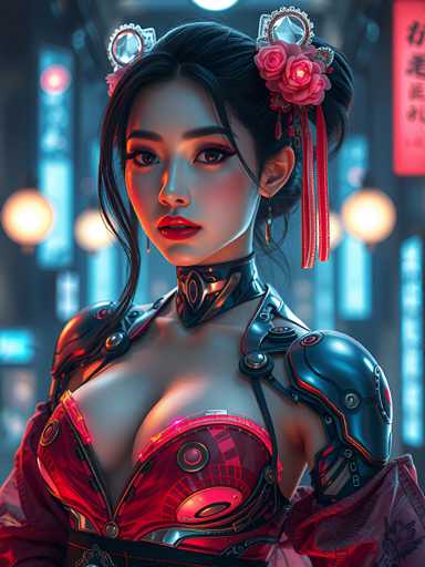 The image depicts a woman with striking red hair and an intricate costume that includes a corset and armor-like elements. She is wearing a headpiece adorned with flowers and has her hair styled in an updo. The background features a cityscape at night, with neon lights illuminating the scene.