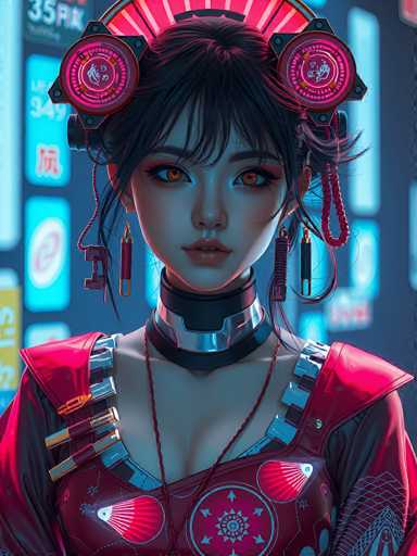This image features a highly detailed, computer-generated depiction of a young Asian woman, possibly in her late teens or early twenties. She has striking orange eyes and black hair styled with bangs and wispy strands framing her face. Her hair is adorned with two pink, circular objects that resemble headphones or earrings, each with a central design. She wears a distinctive outfit that combines elements of traditional and futuristic fashion. The top part of her dress is red with a V-neck, revealing a hint of cleavage, and it features intricate white patterns and a circular emblem on the chest. A black choker with a silver band encircles her neck. The background is a dark gray, illuminated by neon signs and billboards in shades of blue, yellow, and red, some displaying Asian characters. The overall scene suggests a cyberpunk or futuristic setting, with the woman appearing as a blend of ancient and advanced technology.