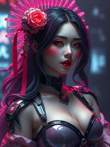 The image depicts a woman with long dark hair wearing a black dress and a red headband adorned with pink flowers. She is looking directly at the camera with an intense gaze. The background features a gradient of purple and blue tones, creating a sense of depth and atmosphere.