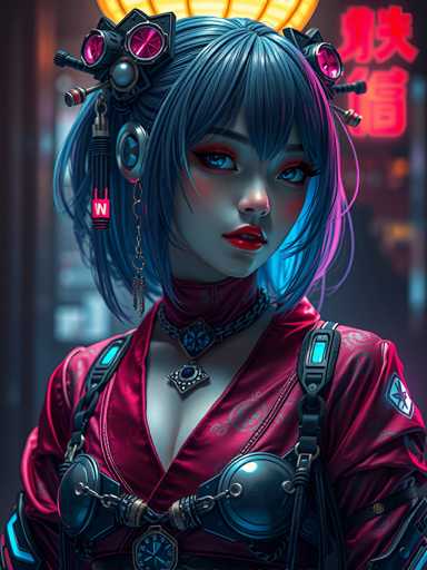 The image depicts a woman with blue hair and red lipstick wearing a red dress adorned with silver accents and a black belt. She is standing against the backdrop of a neon-lit cityscape at night. The artist's signature "X" can be seen in the bottom right corner, indicating that this is an original piece of art.