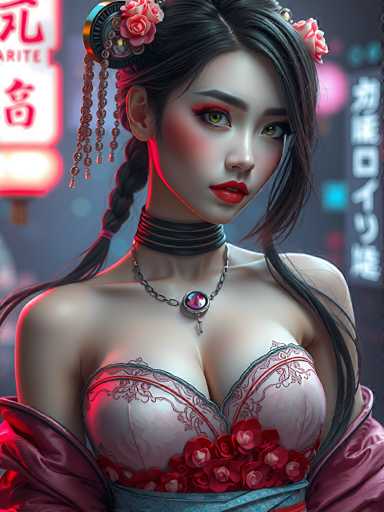 This image depicts a highly detailed, computer-generated or AI-generated artwork of a young Asian woman, possibly in her late teens or early twenties. She has long, dark black hair styled in a braid that drapes over her shoulder, with a section of hair cascading down the front of her face. Her hair is adorned with a black and gold hair clip featuring a rose, from which three strands of beads dangle.

The woman's face is striking, with heavy makeup that includes red eye shadow, red lipstick, and a touch of blush on her cheeks. Her eyes are a captivating greenish-brown, and she gazes directly at the viewer with a serious expression.

She is dressed in a revealing, white lacy corset that accentuates her large bust, with a red rose embellishment at the bottom. Around her neck, she wears a black choker and a silver necklace with a circular pendant, which has a pink center and a dangling element.

The background is blurred, filled with neon signs and Japanese characters, suggesting a vibrant, possibly futuristic cityscape. The overall composition and style of the image evoke a strong cyberpunk aesthetic, blending elements of traditional Japanese culture with a modern, digital artistry.