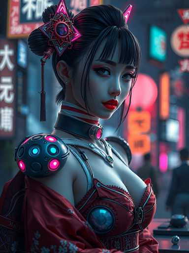 The image depicts a highly detailed, computer-generated or AI-generated scene of a young Asian woman, possibly Japanese, standing in a bustling city street at night. She has pale skin, long black hair styled in an elaborate updo with bangs and a tassel hanging from the back. Her hair is adorned with a pink and black star-shaped accessory. She wears striking red lipstick and heavy eye makeup, including blue eyeshadow and long eyelashes.

Her outfit is a fusion of traditional and futuristic elements. She dons a red kimono-like dress with intricate white floral patterns, complemented by a metallic corset that features pink and blue lights. A black choker with a pink jewel encircles her neck, and a silver collar with a pink gem adorns her throat. Her shoulders are protected by black armor-like pads with circular lights, adding to her cyberpunk aesthetic.

The background is a blur of neon signs and billboards, some displaying Asian characters, suggesting a vibrant, possibly futuristic urban setting. The woman stands out sharply against this backdrop, her detailed appearance and attire making her the focal point of the image.