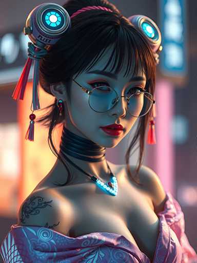 The image depicts a woman with long dark hair wearing glasses and a headband adorned with blue lights. She is dressed in traditional Japanese clothing that includes a pink kimono and a matching pink skirt. The background features neon lights and a building, suggesting an urban setting or perhaps a cultural event.