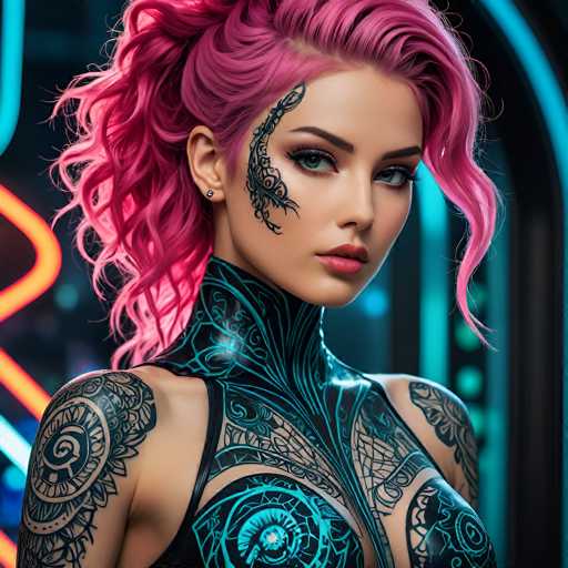 A close-up portrait of a woman with vibrant pink hair, adorned with intricate black and teal cybernetic tattoos covering her body. She has piercing blue eyes, a subtle smile, and is wearing a futuristic black bodysuit with glowing teal accents. The background features neon lights in shades of blue and orange, creating a cyberpunk aesthetic.