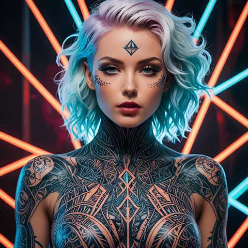 This image is a highly detailed, computer-generated depiction of a young woman with a futuristic and cyberpunk aesthetic. The square-shaped image showcases the subject from her chest upwards, with her head positioned at the top. She has short, wavy hair that is a blend of white and blue, and her skin is a light tan. Her face is adorned with intricate black tattoos, including a diamond-shaped design on her forehead and additional patterns around her eyes and cheeks. She has striking blue eyes and wears red lipstick, with her mouth slightly open, revealing her top teeth. Her neck is covered in black tattoos that extend down her chest, and her shoulders are bare, showcasing more of the intricate designs. The background is a dark, almost black, with vibrant orange and blue neon lines that crisscross behind her, adding to the futuristic and cyberpunk atmosphere.