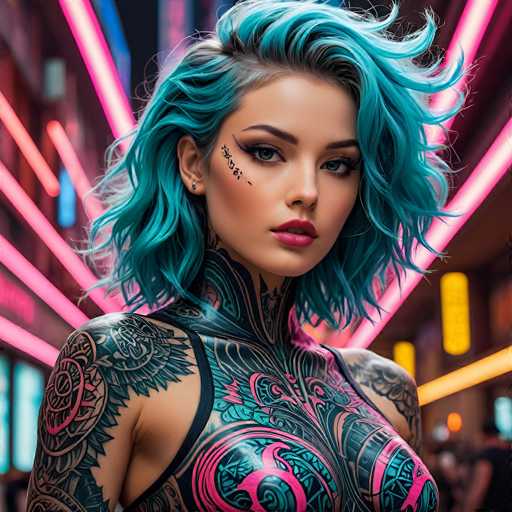 The image depicts a highly detailed, computer-generated or AI-generated artwork of a woman with a futuristic, cyberpunk aesthetic. She has striking blue hair that is wavy and shoulder-length, with a hint of black roots. Her face is adorned with intricate black tattoos, including a design that extends from her right cheek down to her neck. She has blue eyes, dark eyebrows, and pink lips, and her expression is serious as she gazes directly at the viewer.

Her body is covered in elaborate black tattoos, with additional pink accents, and she is wearing a form-fitting, sleeveless top that appears to be made of leather or plastic. The top is black with pink highlights, and it reveals her shoulders and chest. The background is a blurred cityscape with tall buildings, illuminated by neon pink and yellow lights, adding to the futuristic ambiance. The overall composition emphasizes the woman's cyberpunk appearance and the neon-lit urban environment surrounding her.
