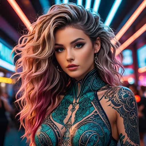 The image depicts a highly realistic, computer-generated rendering of a young woman, likely in her early 20s, with a striking appearance. She has long, wavy hair that transitions from blonde at the top to pink at the ends, and her blue eyes are accentuated by heavy makeup, including dark eyeliner and pink lipstick. She is adorned with gold hoop earrings and is dressed in a form-fitting, teal-colored bodysuit that features intricate black and gold designs, resembling a combination of a dress and a corset. The bodysuit is low-cut, revealing her shoulders and part of her chest. Her right arm is covered in a black tattoo sleeve. The background is blurred but suggests a vibrant, neon-lit environment, possibly a nightclub, with streaks of orange and blue lights and indistinct figures. The overall scene is brightly lit, enhancing the vivid colors and details of the image.