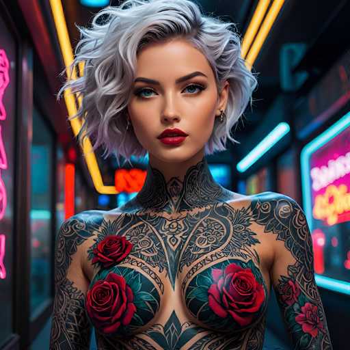 This image portrays a strikingly realistic, AI-generated depiction of a woman with short, wavy gray hair. She has captivating blue eyes and is adorned with red lipstick. Her skin is a light tan, and she features intricate black tattoos that cover her neck, shoulders, and upper chest. The tattoos include detailed designs and roses on her breasts, with green leaves and stems extending from her shoulders. The background is a dark, urban setting, illuminated by vibrant neon lights in shades of yellow, pink, and blue, creating a contrast that highlights the woman's features. The overall composition is square, with the woman's head positioned at the top and her chest at the bottom, emphasizing her presence in the scene.