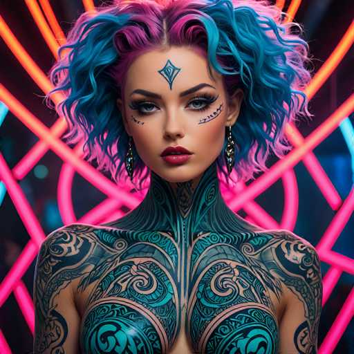 This image features a striking, computer-generated depiction of a woman with an otherworldly appearance. She has short, curly hair that is a vibrant mix of pink and blue, with the pink being more prominent at the top and the blue more noticeable at the bottom. Her face is adorned with intricate tattoos, including a diamond-shaped design on her forehead and additional patterns around her eyes and cheeks. She wears long, dangling earrings that add to her elaborate look. Her neck and chest are covered in detailed tattoos, predominantly in shades of blue and black, featuring intricate designs that extend down to her arms. The background is a dark, almost black, canvas filled with neon pink and orange lines that create a futuristic, almost sci-fi atmosphere. The woman's expression is serious, and she gazes directly at the viewer, her lips painted a bold red. The overall effect is a captivating blend of beauty and mystery, with a distinctly digital or AI-generated aesthetic.
