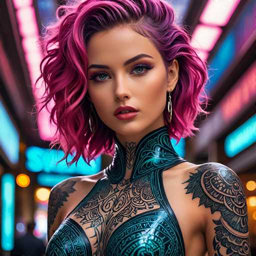 This image portrays a stunning, AI-generated depiction of a woman with an intricate blend of realism and fantastical elements. The woman's face is strikingly lifelike, with a fair complexion, vivid blue eyes, and perfectly shaped eyebrows. Her lips are painted a soft pink, adding to her natural beauty. She is adorned with large, gold hoop earrings that dangle elegantly from her ears.

Her hair is a vibrant mix of pink and purple, styled in a wavy fashion that frames her face beautifully. The length of her hair is just above shoulder length, adding to her overall allure. She is dressed in a unique, form-fitting outfit that accentuates her figure. The garment features a combination of black and blue hues, with intricate designs that include swirls and lines. It is particularly notable for its cut-out sections that reveal her shoulders and part of her chest, adding a touch of sensuality to her appearance.

The background of the image is blurred, filled with indistinct shapes and lights that create an abstract, almost dreamlike atmosphere. This blurriness contrasts sharply with the sharpness and detail of the woman's face and attire, making her stand out even more prominently. The overall effect is a captivating and visually rich portrayal that seamlessly blends realism with fantasy.