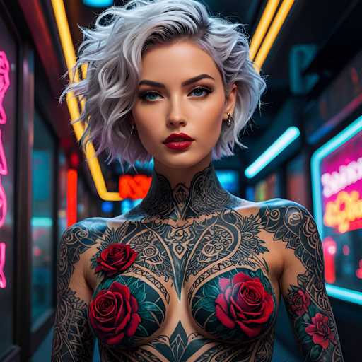 A woman with short blonde hair and tattoos on her chest and back is standing in front of a neon sign that reads "SALES". She has red lipstick on and is wearing a black tank top decorated with pink roses.