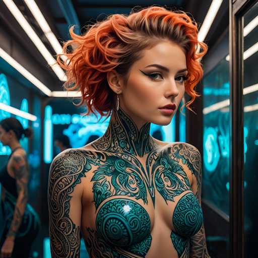 The image shows a woman with vibrant orange hair and tattoos on her chest and back. She is standing in front of a mirror, looking directly at the camera. The background features blue neon lights that create an ethereal glow around the room.