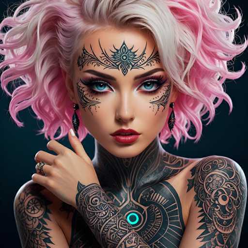 This image features a strikingly beautiful woman with an intricate and captivating appearance. Her hair is a unique blend of pink and white, styled in a way that it appears to be either short or pulled back, though the exact length is difficult to discern. She has a fair complexion and captivating blue eyes that are accentuated by her bold red lipstick. Her face is adorned with elaborate black tattoos that resemble wings extending from her eyes, and a central design on her forehead that looks like a flower or a diamond. She wears long, dangling earrings that add to her elegant look. Her neck and shoulders are covered in black tattoos, with a notable blue circle in the center of her chest. She is posed with her right hand resting on her chin, showcasing a ring on her ring finger. The background is a dark blue, which contrasts beautifully with her fair skin and vibrant hair.