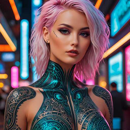This image is a highly detailed, computer-generated illustration of a young woman, likely in her late teens or early twenties. She has a striking appearance with short, wavy hair that transitions from pink to blue. Her hair is parted on the side, and she has a fair complexion with a hint of tan. She has dark, expressive eyes accentuated by black eyeliner and mascara, and her lips are slightly parted, revealing a glimpse of her teeth. 

Her face is adorned with a unique, artistic feature: a small, black line that resembles a tattoo or a painted streak that runs from her cheek to her chin. She is wearing a single earring in her right ear, which is visible in the image.

The woman is dressed in an outfit that appears to be a blend of futuristic and artistic elements. Her attire includes a high-necked top that transitions into a form-fitting dress. The dress is adorned with intricate, black and blue patterns that resemble tattoos or paint, giving it a unique, almost otherworldly appearance. The patterns are particularly prominent on her shoulders and upper chest, creating a visually striking effect.

The background of the image is blurred, filled with soft, out-of-focus lights in shades of pink, blue, and yellow, which contribute to the overall dreamlike and futuristic atmosphere of the illustration.