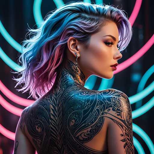 The image shows a young woman with long hair and tattoos on her back. She is wearing a necklace that has a large pendant. The background features neon lights of various colors, creating an urban atmosphere.