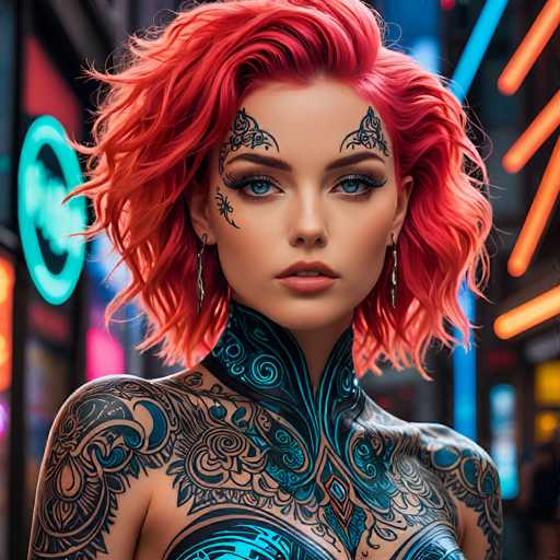 A close-up portrait of a woman with vibrant, short, fiery red hair and intricate, glowing teal tattoos covering her body. She has piercing blue eyes with dark eyeliner, a subtle, slightly melancholic expression, and is wearing delicate gold earrings. The background is a blurred cityscape with neon lights in shades of teal, orange, and pink, creating a cyberpunk-inspired atmosphere. The lighting is soft yet dramatic, highlighting the details of her tattoos and hair.