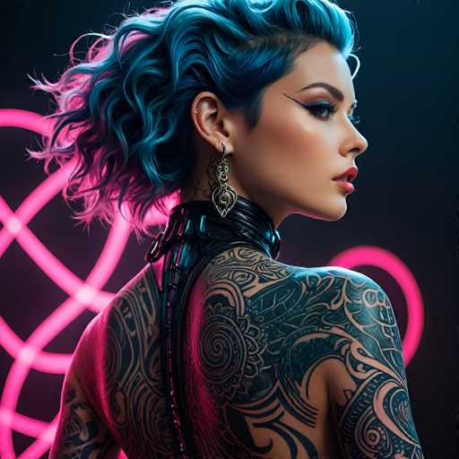 A person with vibrant blue, curly hair and a black choker is shown in profile. The person has intricate black tattoos covering their entire body, with the tattoos appearing to be a mix of geometric and organic designs. The person is wearing a black top with a crisscross design on the back, and they are wearing large, ornate silver earrings. The background is a dark, neon pink and black abstract design with glowing lines. The person's makeup is bold, with dark eyeliner and red lipstick. They are looking to the left of the frame with a slightly pensive expression. The overall style is futuristic and cyberpunk, with a focus on bold colors and intricate details.