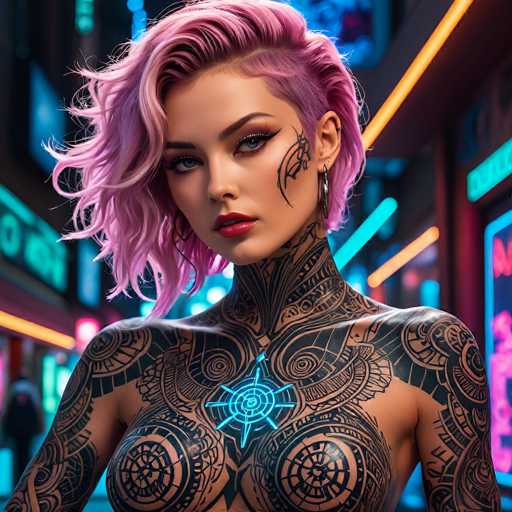 This image is a detailed, computer-generated depiction of a woman standing in a futuristic, cyberpunk-style alley. The background is blurred, filled with neon lights and signs, creating a vibrant, high-tech atmosphere. The woman is the central focus, positioned in the foreground, with her body facing slightly to the left. She has striking, shoulder-length hair that is a blend of pink and purple, styled with a side part. Her hair is wavy and voluminous, framing her face.

Her facial features are meticulously detailed. She has dark, arched eyebrows, and her eyes are accentuated with black eyeliner, giving them a doll-like appearance. Her lips are painted a vivid red, and she has a small nose. On her left cheek, she has a distinctive black tattoo that resembles a spider or dragonfly, adding an edgy element to her look. She is adorned with silver earrings, and her neck and shoulders are covered in intricate black tattoos, creating a futuristic, robotic aesthetic. The tattoos extend down her arms, and her chest is bare, revealing more of the detailed artwork.

Her overall appearance is a striking blend of human and cyberpunk elements, with the futuristic alley and her detailed, tattoo-covered body creating a visually captivating scene.