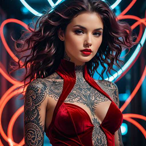 This image features a young woman, likely in her late teens or early twenties, with long, wavy brown hair that cascades down to her shoulders. She has a fair complexion and is adorned with intricate black tattoos that cover her neck, shoulders, and chest. Her striking red lipstick contrasts with her dark, expressive eyes. She is wearing a red, velvet-like dress that has a deep neckline, revealing her cleavage, and a high collar that extends up to her neck. The dress is sleeveless, and the fabric appears to be quite thick. The background is a dark, almost black, setting illuminated by vibrant neon lights in shades of red and blue, creating a dramatic and eye-catching contrast.