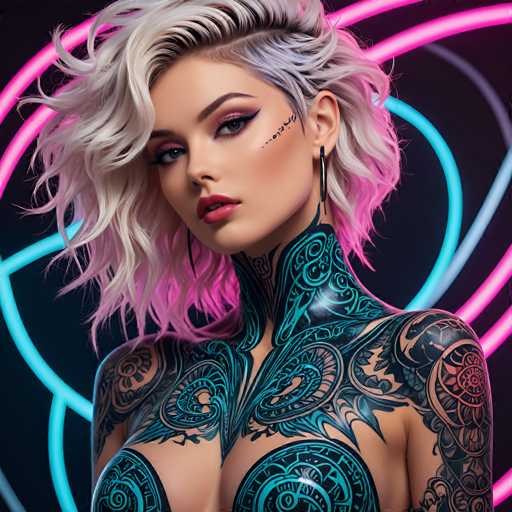 This image showcases a stunning, computer-generated depiction of a woman with an intricate and futuristic design. The woman has short, wavy hair that is predominantly white with subtle pink highlights, and her hair is styled with a side part. Her makeup is bold and striking, featuring pink eyeshadow and black eyeliner that extends into a dramatic cat-eye. A distinctive black line runs from her cheek, resembling a tattoo or a dramatic beauty mark, adding to her edgy appearance.

Her neck and upper chest are adorned with elaborate tattoos that extend down her arms, featuring a mix of blue, black, and red hues. The tattoos are intricate and cover a significant portion of her visible skin, giving her a cyberpunk or biomechanical aesthetic. She is wearing a form-fitting top that appears to be made of leather or a similar material, which complements her overall futuristic look.

The background is a dark, almost black canvas, accentuated by neon pink and blue lines that create a striking contrast and add to the image's futuristic ambiance. The woman's head is slightly tilted to the left, and she gazes directly at the viewer, exuding confidence and mystery. The overall composition of the image is highly detailed and realistic, showcasing the capabilities of advanced computer-generated art in creating lifelike and imaginative characters.